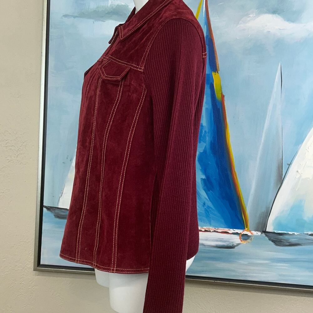 Coldwater Creek Burgundy Red Leather Jacket Rib Knit Sleeve Mixed Media size 16 - Picture 3 of 7